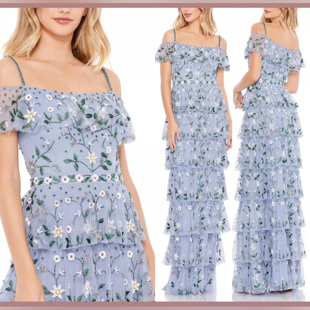 NEW $698 Mac Duggal 9069 Off Shoulder Embroidered Ruffle Tiered Gown Size 0